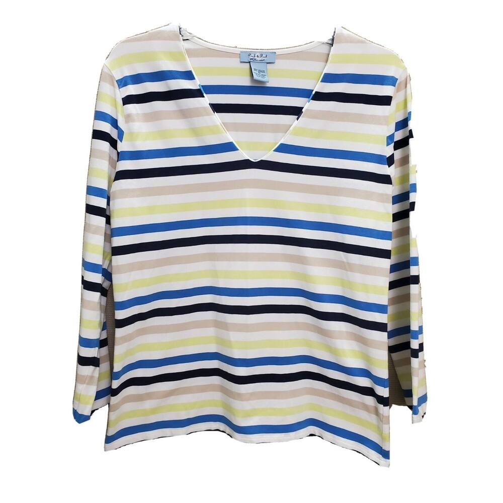 Peck & Peck V-Neck Cotton Blend Stretch Long Sleeve Striped T-Shirt Size XL